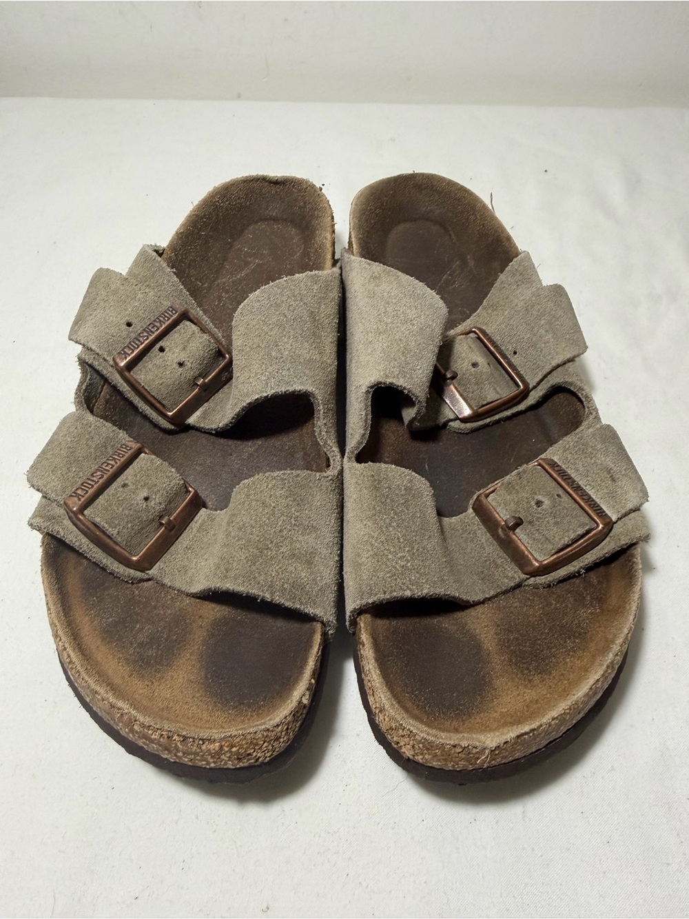 Birkenstock Arizona Suede Leather Sandals Taupe Two Strap Distressed GUC